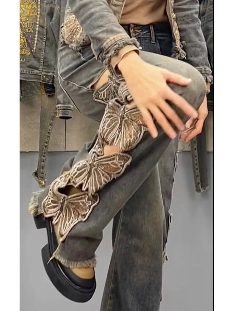 Summer Y2K Streetwear Harajuku Butterfly Decoration Denim Pants