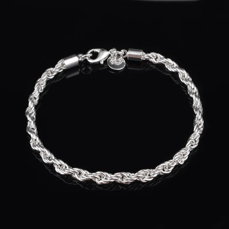 4MM Silver Plated Twisted Rope Bracelet Jewelry For Women And Men Fashion Chain Charm Flash Jewelry Accessories