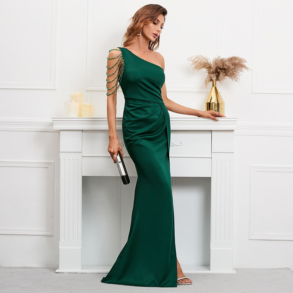 Evening wear Dresses: One Shoulder Slash Neck Beading Evening Party Maxi Dress