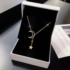 Simple Moon Star Pendant Choker Necklace Simple Gold Color Alloy Charm Chain