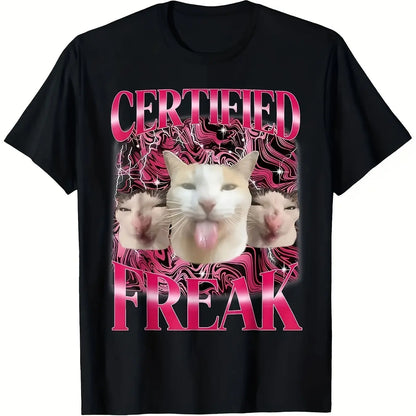 Certified Freak Funny Cat Meme T-Shirt Vibrant Graphic Design Short Sleeve Machine Washable Casual Sporty Shirt for Teens Adults