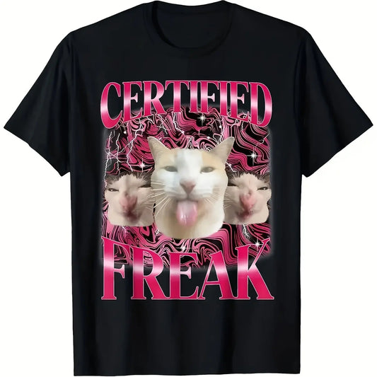 Certified Freak Funny Cat Meme T-Shirt Vibrant Graphic Design Short Sleeve Machine Washable Casual Sporty Shirt for Teens Adults