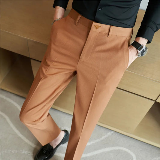 Autumn Mens Fashion Embroidered Trousers Korean Business Dress Solid Suit Pant