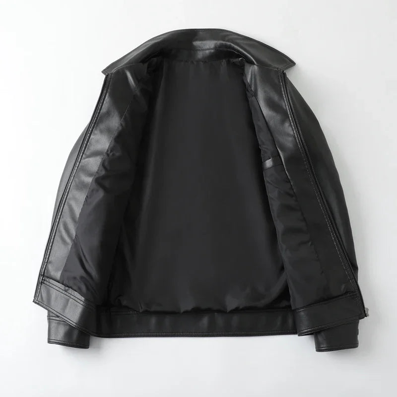 Men Bomber Leather Jacket Anti-wind Lapel Solid Casual Slim Fit Jacket