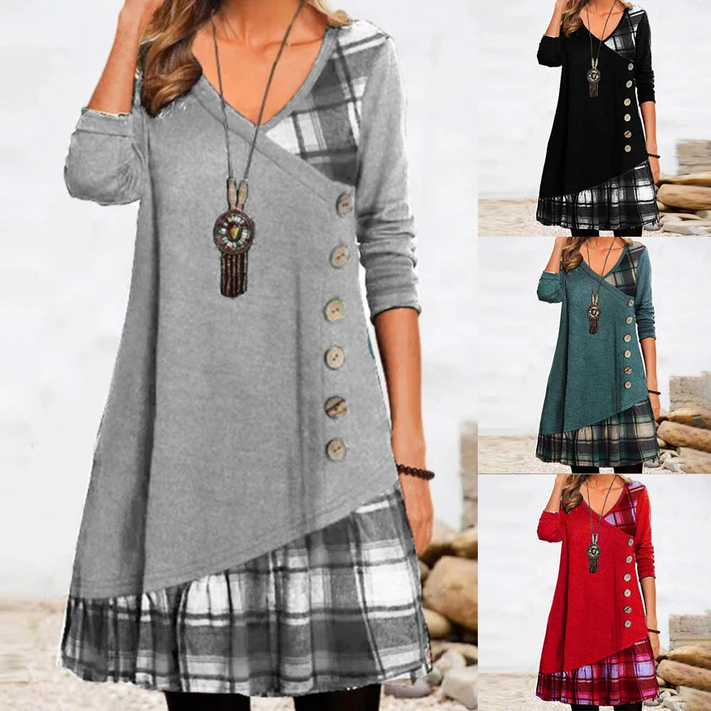 Women's Long Sleeve Button Check Patchwork Dress Ladies V Neck A-Line Casual Night Gown Plus Size Clothing 2024