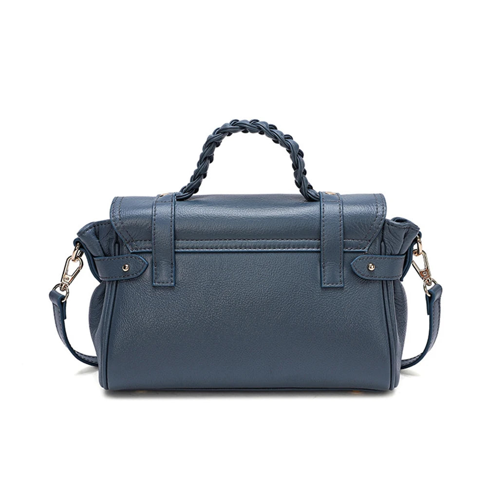 Retro Cowhide Women Messenger Bag Braid Top Handle Genuine Leather