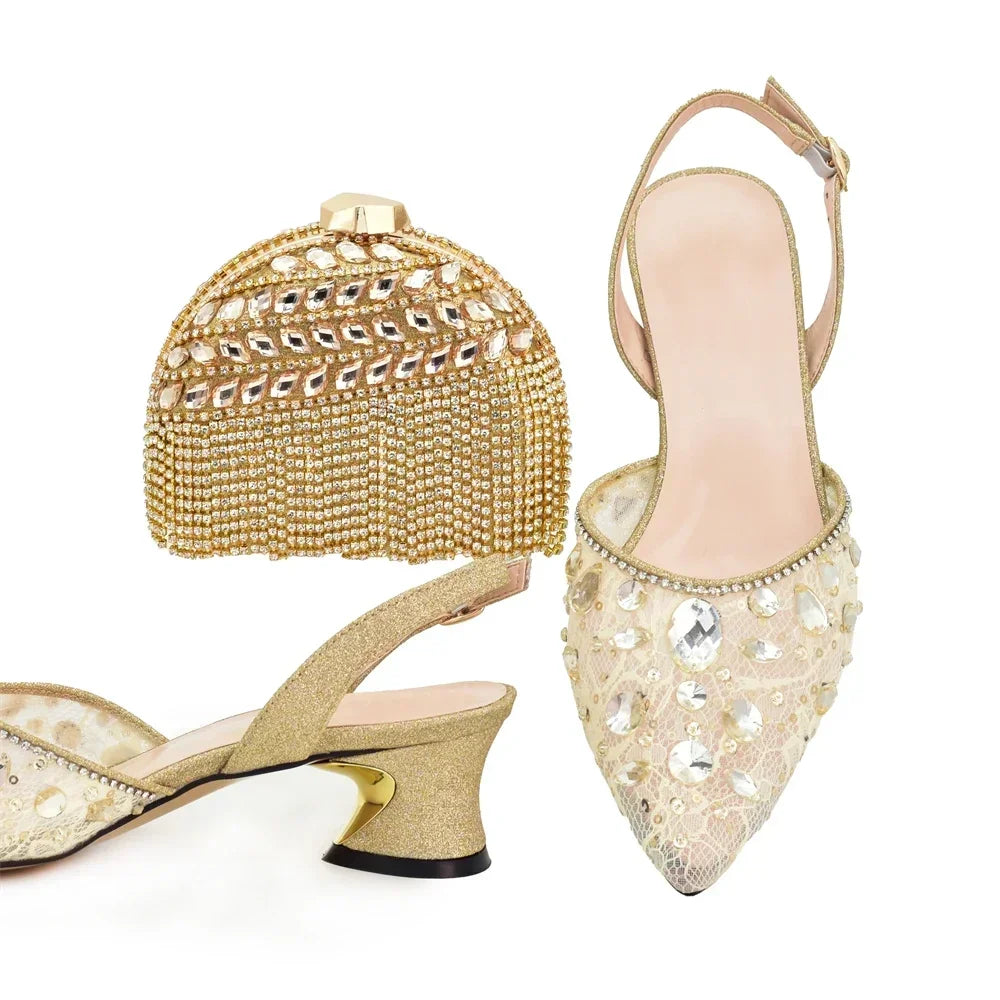 New Arrival African Wedding Shoes and Bag Set with Rhinestone Italian Design Shoes with Matching Bags Nigerian Lady Party Pumps