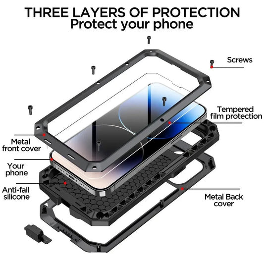 For iPhone 17 16 15 14 13 12 11 Pro XS Max 8 7 360 Full Body Protection Aluminum Metal Case Heavy Armor Cover Screen Protector