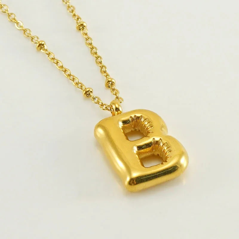 Vintage Stainless Steel Balloon Bubble Chunky Letter Necklace for Women 18K Gold