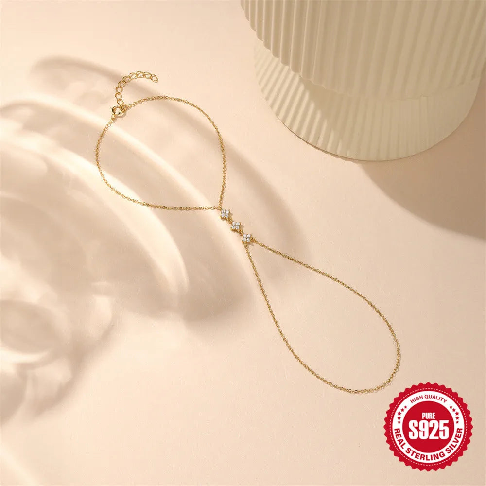 CANNER 925 Sterling Silver Flower Clover CZ Finger Ring Chain Bracelet For Women Ins Hand Chain Horse Eye Jewelry Party Gift