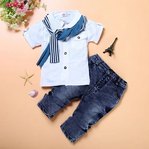2025 Summer Boys Outfits Set 3Pcs Kids Random Cool Clothes Toddler T-Shirt + Jeans + Scarf Fashion Suits Children's Clothing Set