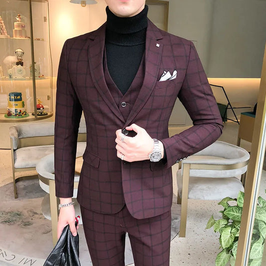Men's Wedding Groom's Coat Pants Vest 3-piece Set/men's Wedding New 2023 Autumn Business Formal Plaid Suit Luxury Slim Handsome