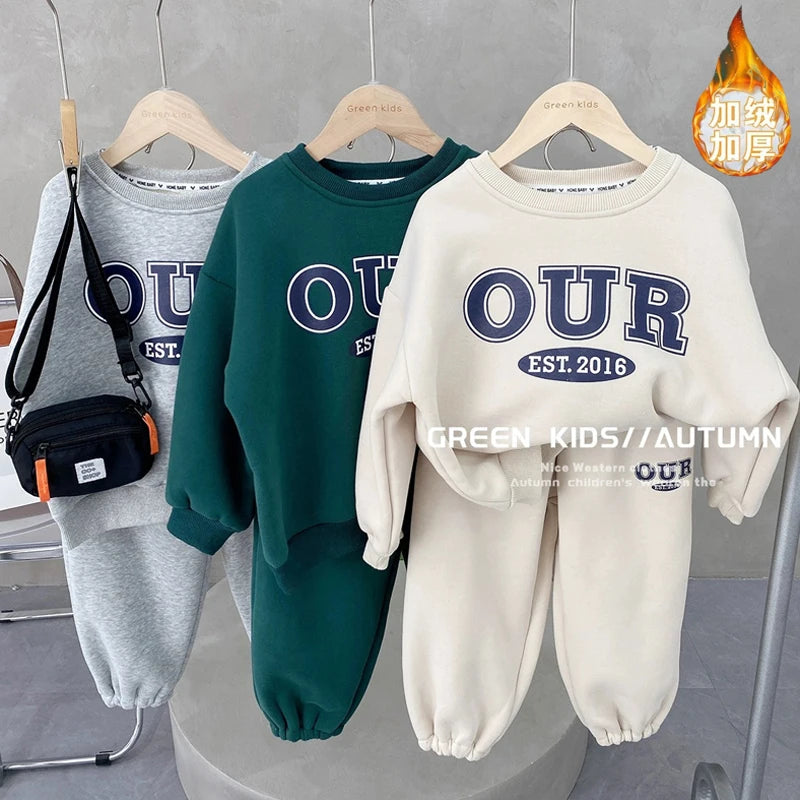 2-6 Years Boys Round Neck Sweater Sets Boys Warm Casual Loose 2Pcs Autumn Spring New Children's Long-Sleeved Letter Sports Suit