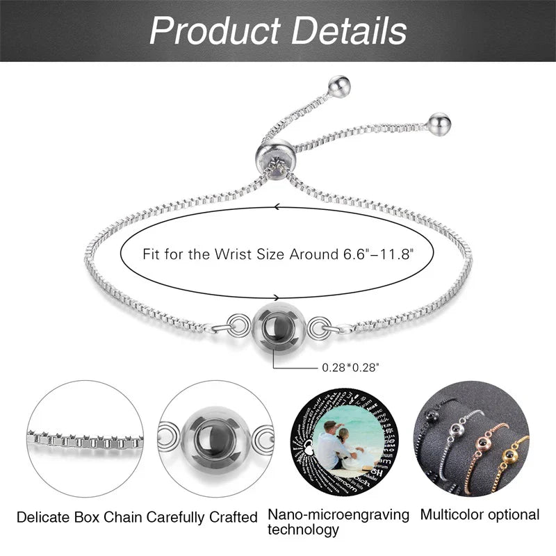 Custom Photo Bracelet Personalized Projection Bracelets with Picture Inside 100 Languages I Love You Stainless Steel Bracelet