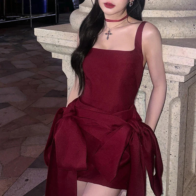 BKLD Fashion Red Bowknot Mini Dress Straps Square Collar Sleeveless Backless Vintage Cute Ladies Slim Party Short A-line Dresses