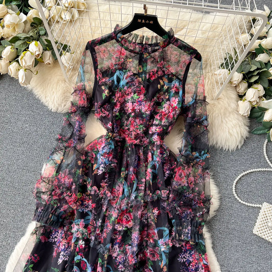 Formal attire Dresses: Long Sleeve Floral Print Prom Dresses