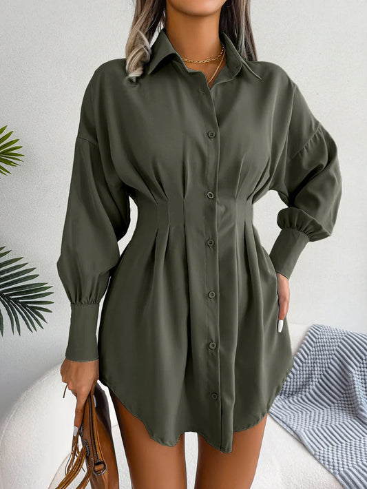 Women Casual Buttons Long Sleeve Shirt Dress Autumn 2026 Solid Color Lapel Mini Dress White Blue Army Green Woman Clothing