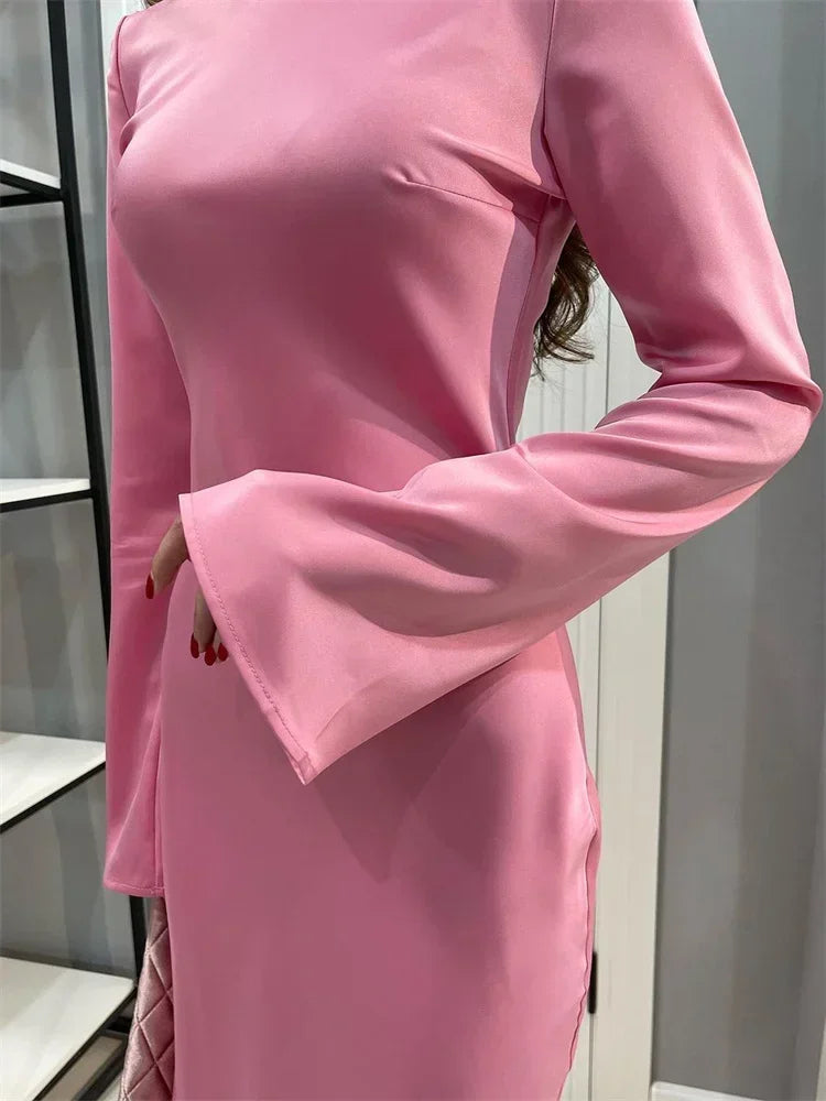Tossy Satin Fashion Slim Maxi Dress For Women Long Sleeve High Waist