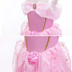 Aurora Pink Princess Dress Girl Sleeping Beauty Cosplay Costume Summer Floral Rose