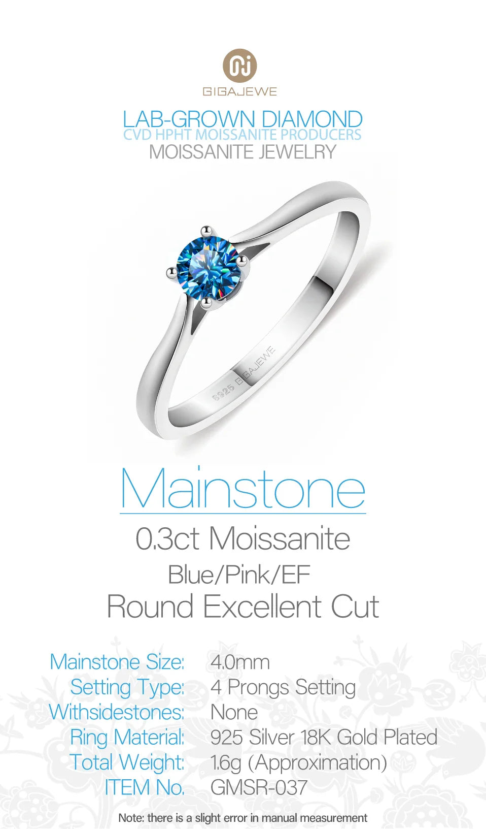 GIGAJEWE Moissanite 0.3ct 4mm Round Cut Blue/Pink/white 925 Silver Ring Diamond Test Passed Fashion Claw Setting Woman Girl Gift