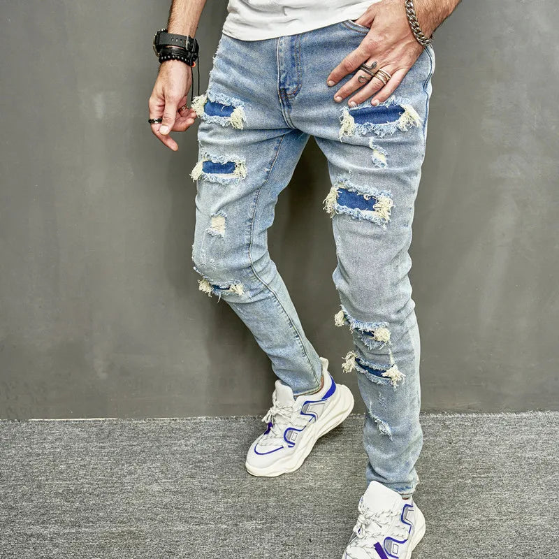 Men Holes Casual Skinny Jeans Pants Streetwear Male Stylish Ripped Solid Hip Hop