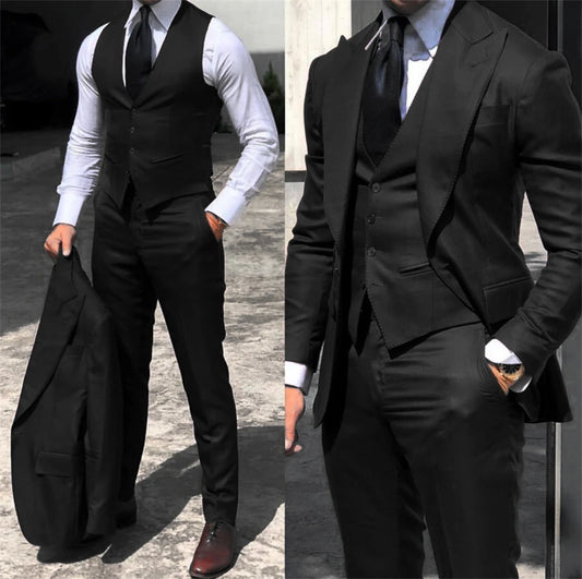 Black Classic Men Suit 3 Pieces Tuxedo Peak Lapel Groomsmen Wedding Suits Set Fashion Men Business Blazer Jacket+Pants+Vest
