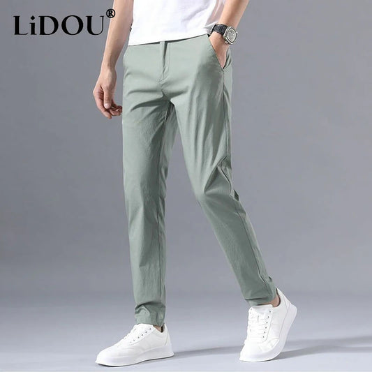 Thin Style Solid Color Zipper Suit Pants Man Office Casual All-match Trousers Fashion