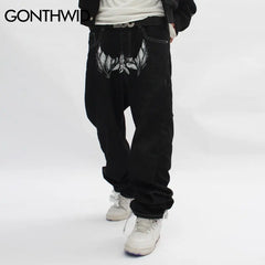 Hip Hop Gothic Denim Pants Streetwear Mens Graphic Print Baggy Punk Rock Jeans