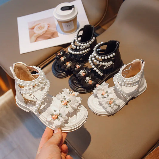 2023 Summer Baby Girls Sandals Beach Holiday Children Shoes High Top Sandals for Kids Pearls Floral Princess Shoes Size 23-36