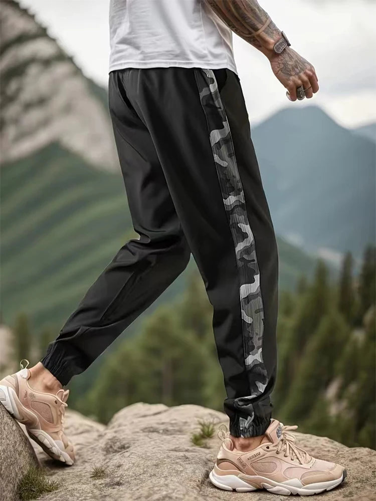 Men's Letter Print Drawstring Sweatpants Camouflage Texture Fabric Breathable Loose Fit