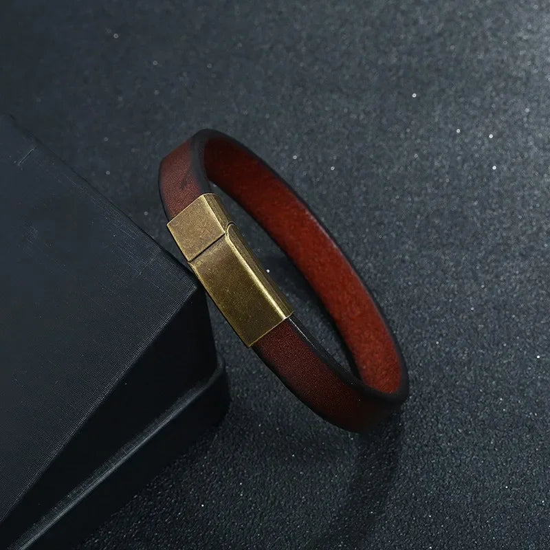 New Men Jewelry Punk Brown Braided Leather Bracelet for Men Stainless Steel Magnetic Clasp Fashion 20.5cm Bangles Gifts