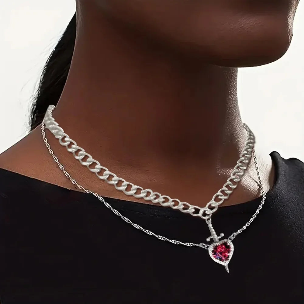 Couple Necklace Heart and Sword Pendant Necklace for Women Gothic Punk Romantic Valentine Day Jewelry Gifts Accessories