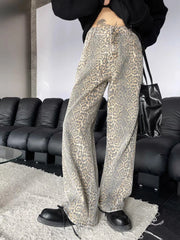 Vintage Leopard Jeans Women Y2k Casual Oversize Lady Wide Leg Trousers