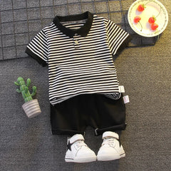 Summer Boys Sets Baby Thin Suit Children Lapel Striped Top Solid Shorts Two-Piece New Baby Fashion Casual Outfit 12M-5 Years Old