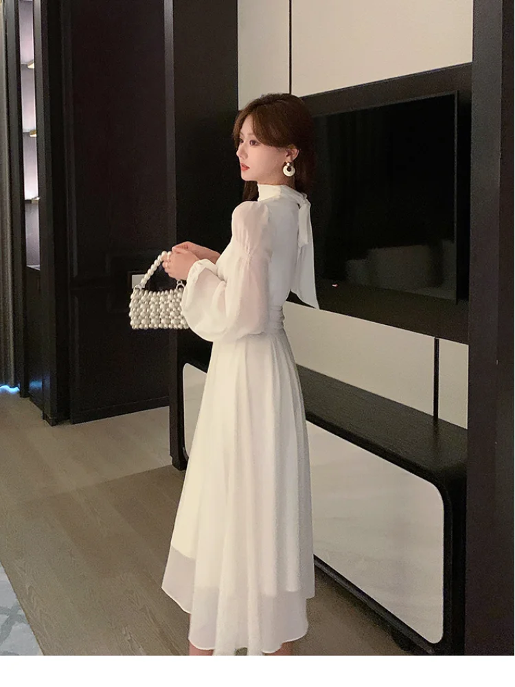 Spring Turtleneck White Midi Dress Women Long Sleeve French Elegant Temperament One Piece Dress Evening Party Prom Robe Female