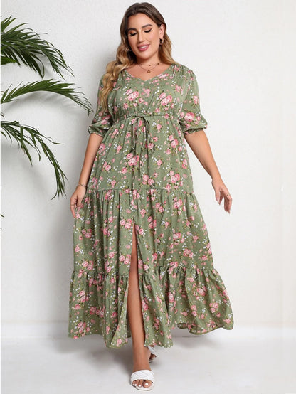 Plus Size Floral Print Half Sleeve Split Hem Maxi V Neck Long Dresses For Women