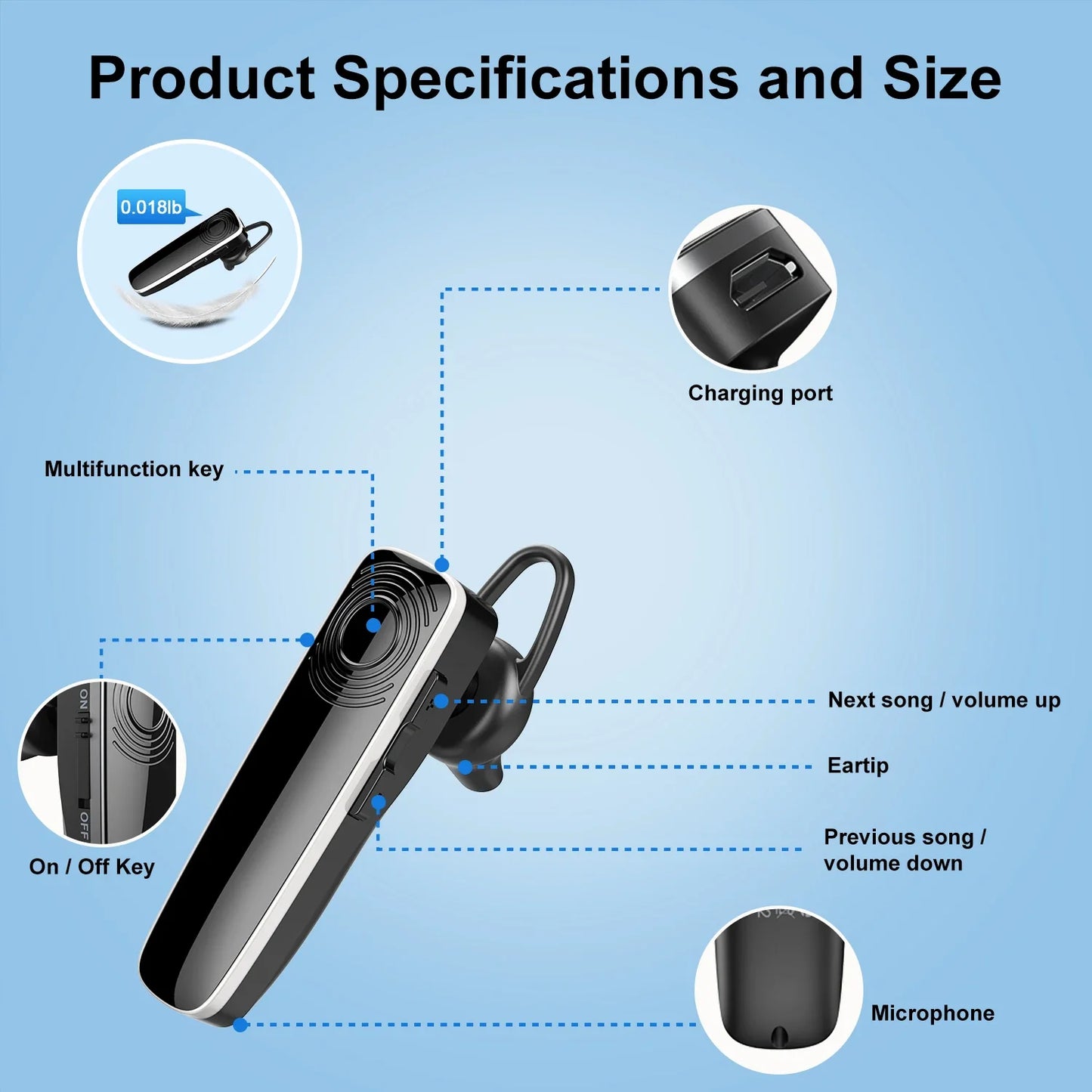 Wireless Headset Bluetooth Earbuds Single Earphones With MEMS Micro Ear Hook