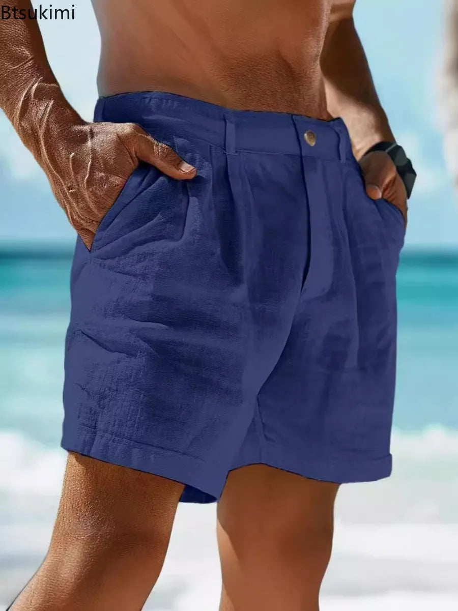 2026 Summer Cotton Linen Shorts for Men Solid Casual Button Pocket Beach Shorts Men's Comfortable Simple Vacation Leiture Pants
