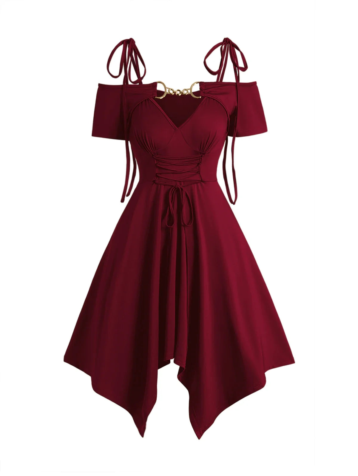Dressfo Women's Dress Cold Shoulder Lace Up Asymmetric Dress Tie Knot Shoulder Chain Solid Color Short Sleeve Dress