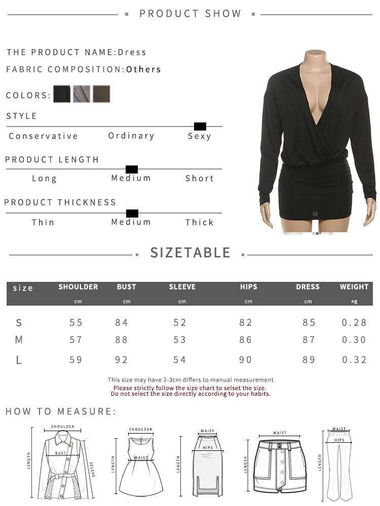 Nibber Cross Deep V-Neck Dress Women Full Sleeve Stretch Solid Midnight Street Clubwear Party Autumn Trend Elegant Mini Bodycon