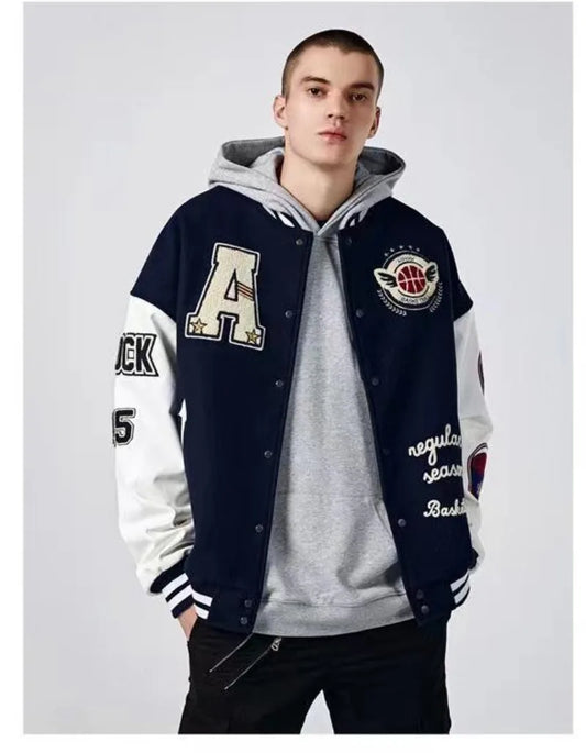 VIntage Varsity Jackets Men Spring Baseball Aviator Jackets Embroidery Spliced