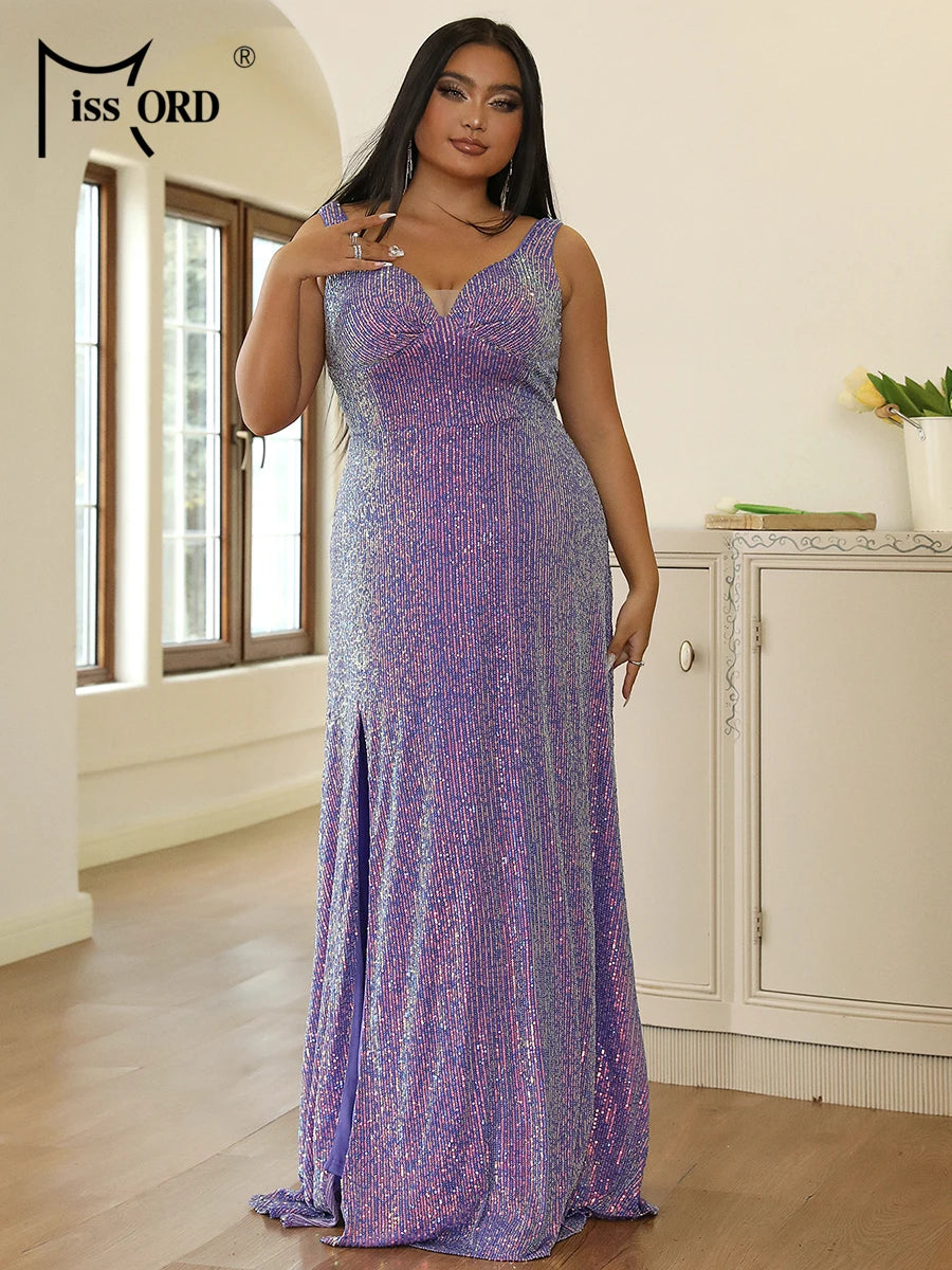 Missord Purple Sequin Plus Size Wedding Dress Elegant Women V Neck Sleeveless Loose A-line Party Evening Dresses Long Prom Gown
