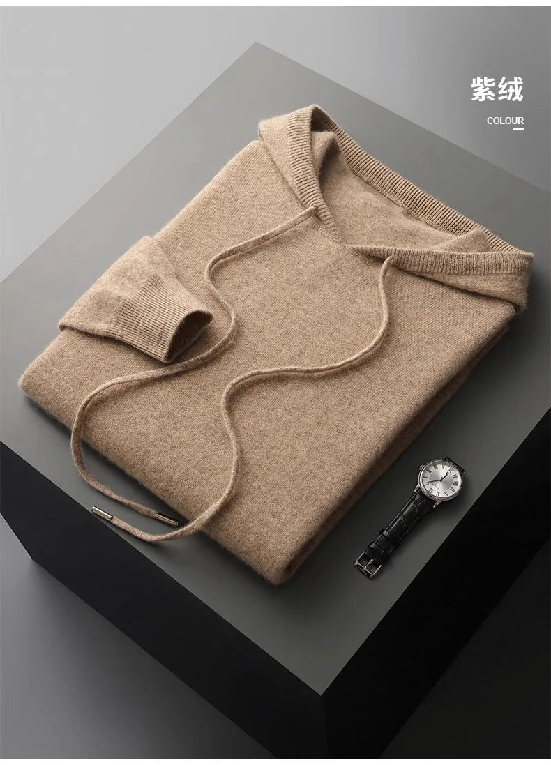 Men's One-piece ready-to-wear Hoodie 100% Merino Wool Knitted Sweatshirt Autumn