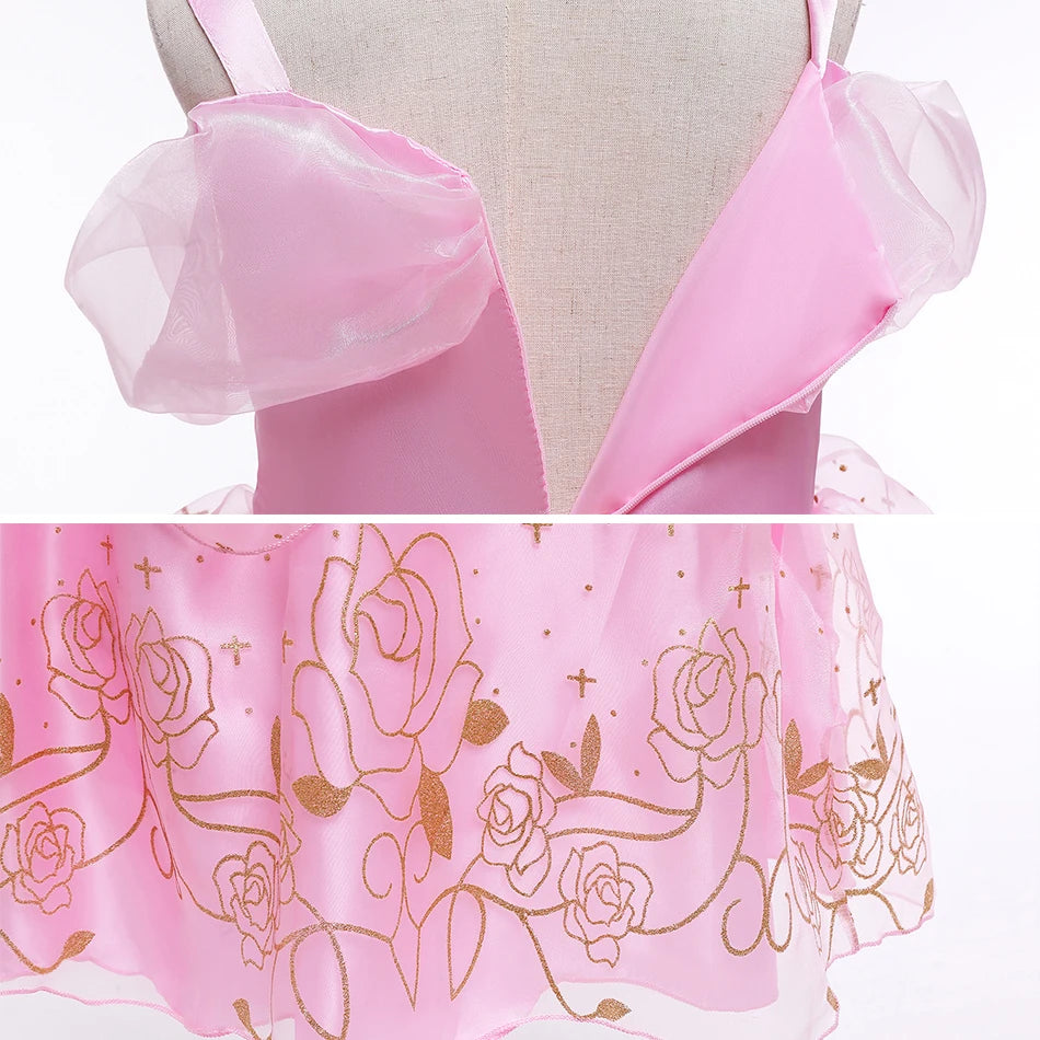 Aurora Pink Princess Dress Girl Sleeping Beauty Cosplay Costume Summer Floral Rose