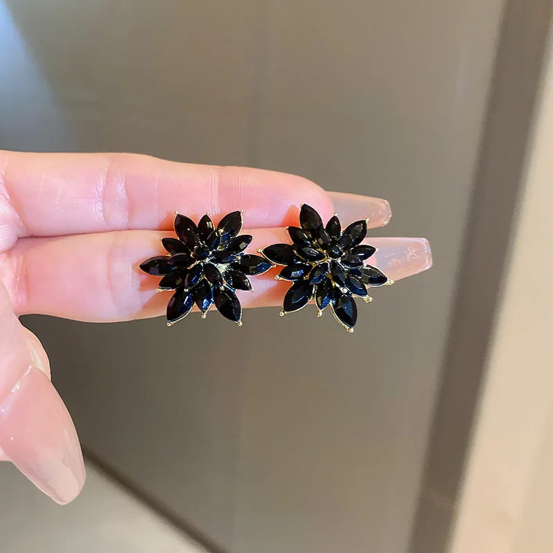 Rhinestone Flower Earrings for Women Korea Simple Sweet Stud Earrings Luxury High-grade Solid Color Charm Jewelry Girls Gift