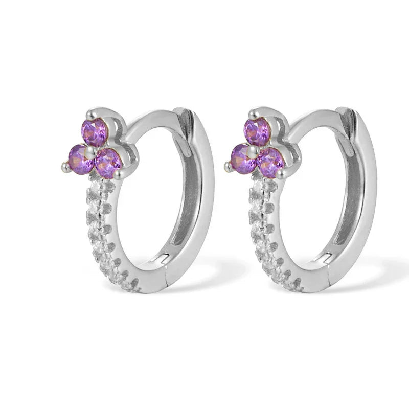 WANTME 925 Sterling Silver Romantic Color Zircon Three-petal Flower Stud Earrings for Women Fashion Huggies Piercing Jewelry