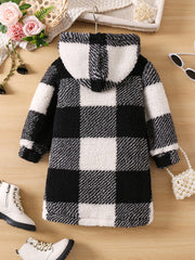 Girls' autumn and winter fashion plush bubble check thick long hooded coat