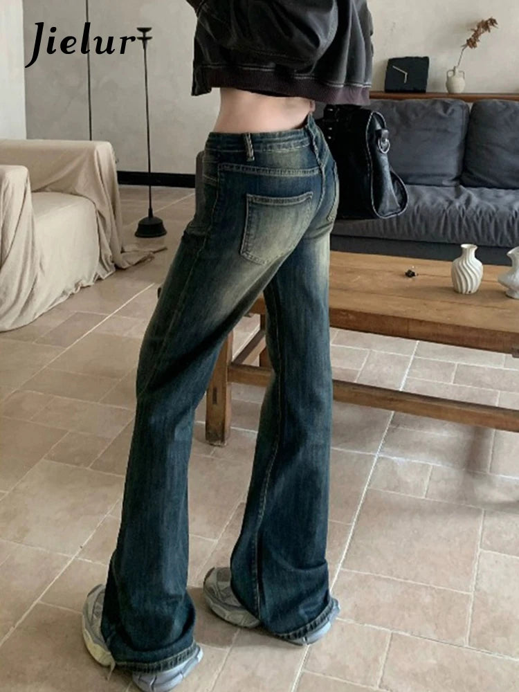 Vintage Blue Washed Slim Y2k Female Jeans High Waist Full Length Casual Chic Pockets