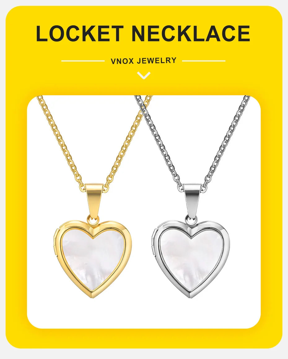 Vnox Women Locket Necklaces, Openable Heart Pendants, Stainless Steel Shell Photo Frame Necklace