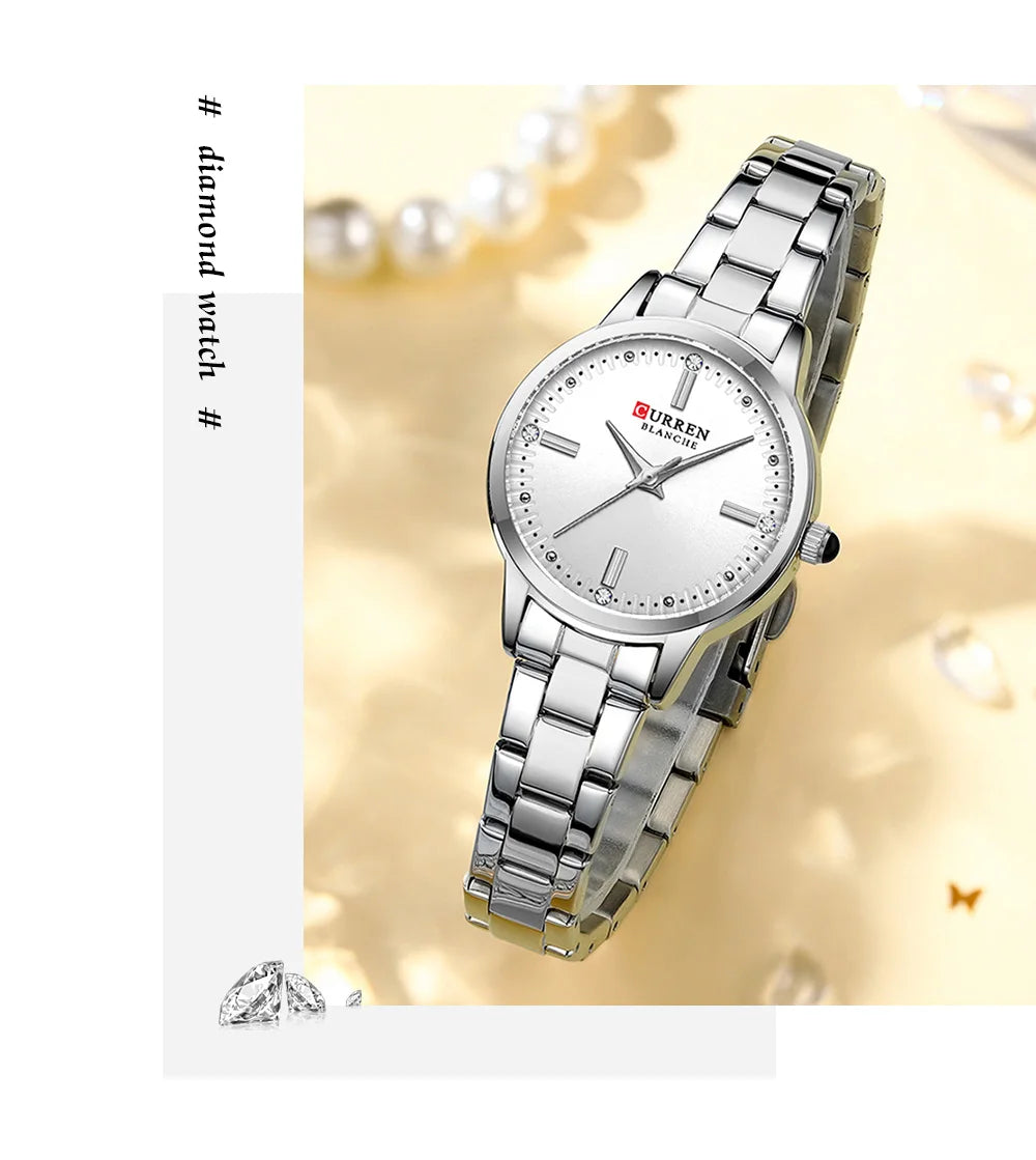 CURREN Simple Round Dial Fashion Dress Quartz Watches for Ladies with Stainless Steel Bracelet Luxury Wristwatches